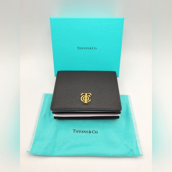 Tiffany & Co. Black Leather Compact Wallet with Gold TC Logo - Picture 1 of 12